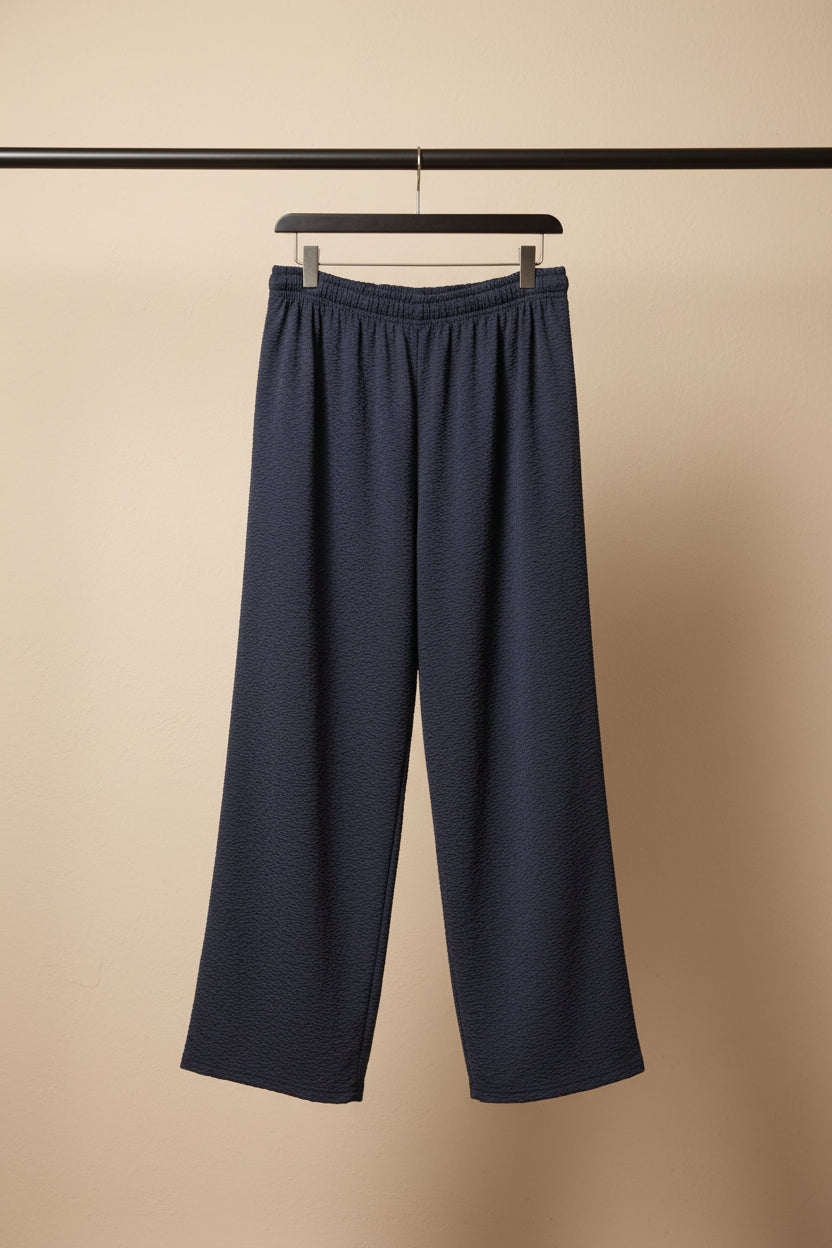 Women's Navy Blue Textured Wide Leg Trousers
