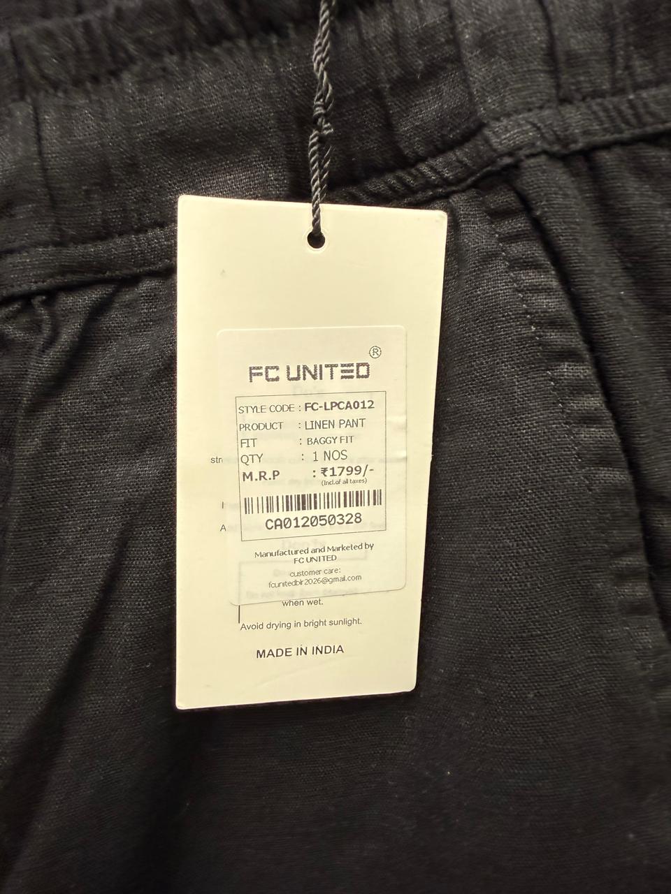 FC UNITED Men's Black Linen Baggy Fit Pants