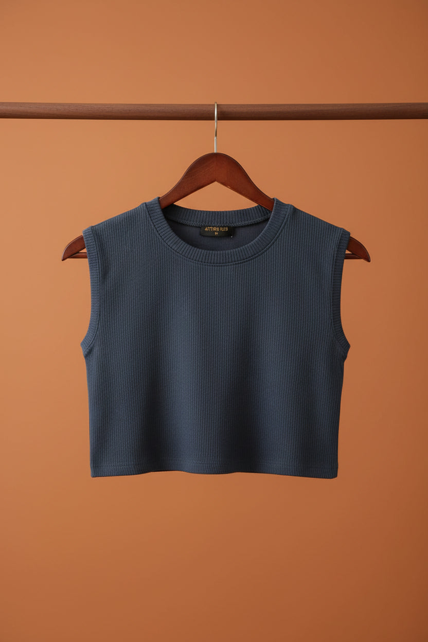 Attire Hub Women's Dark Grey Ribbed Sleeveless Crop Top