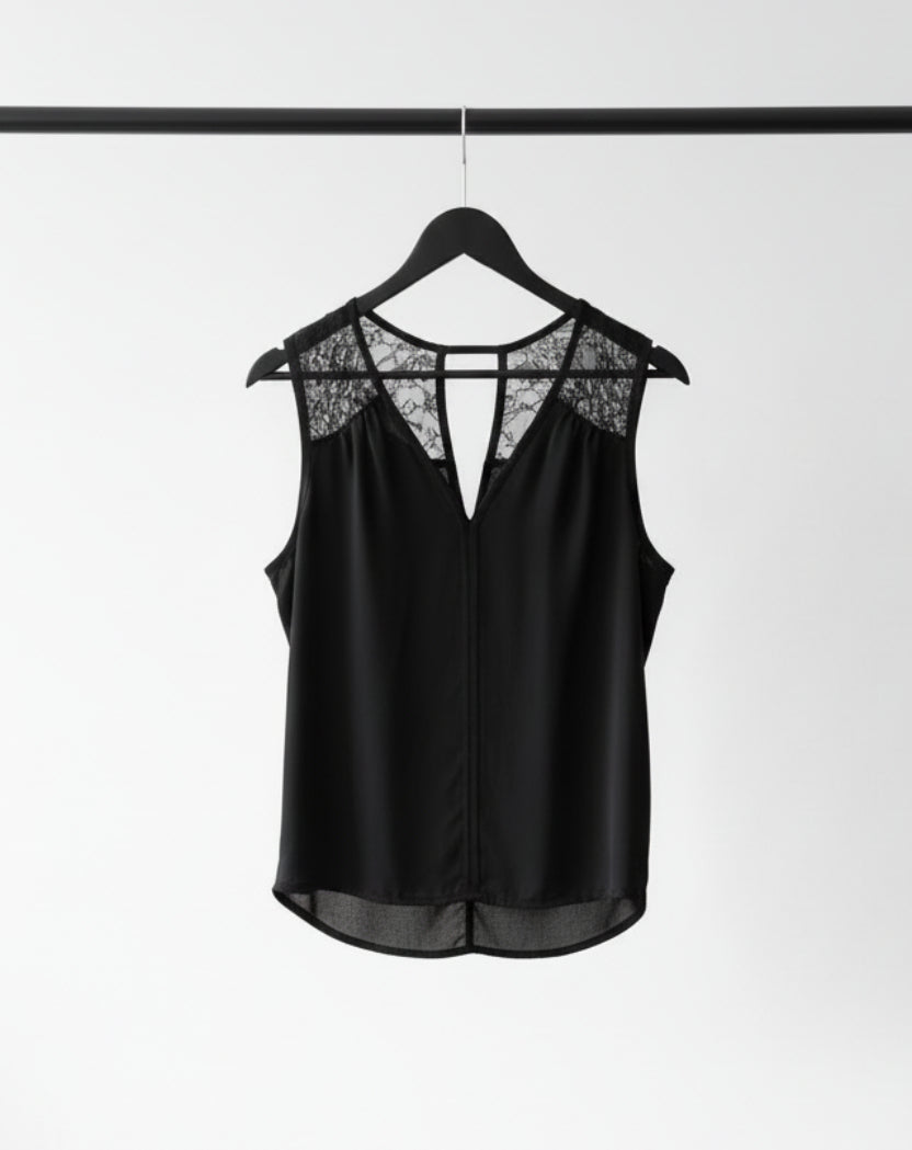 Women's Black Sleeveless V-Neck Top with Lace Shoulders