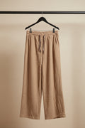 Women's Beige Corduroy Elastic Waist Drawstring Wide Leg Pants