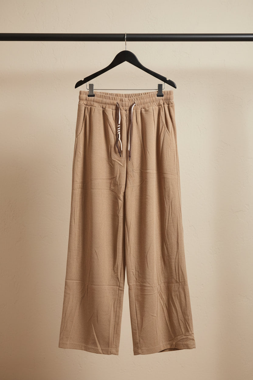 Women's Beige Corduroy Elastic Waist Drawstring Wide Leg Pants