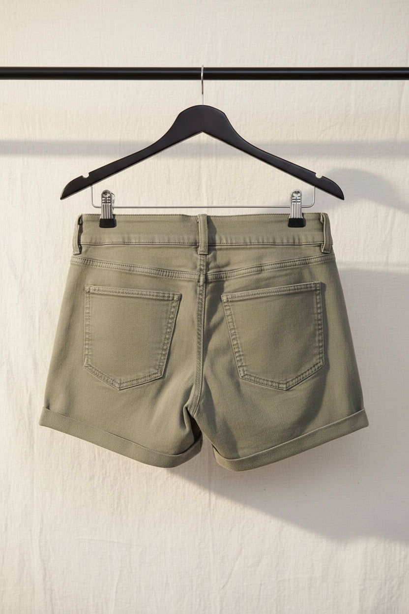 Women's Olive Green Low Rise Cuffed Denim Shorts