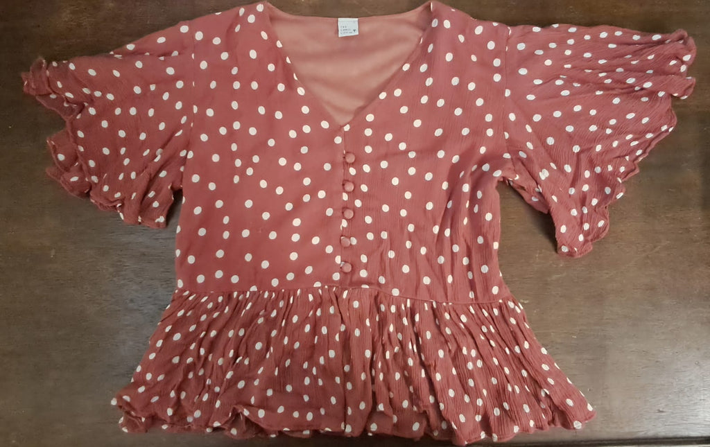 Women's Rust Polka Dot Peplum Top with Ruffle Sleeves