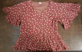 Women's Rust Polka Dot Peplum Top with Ruffle Sleeves