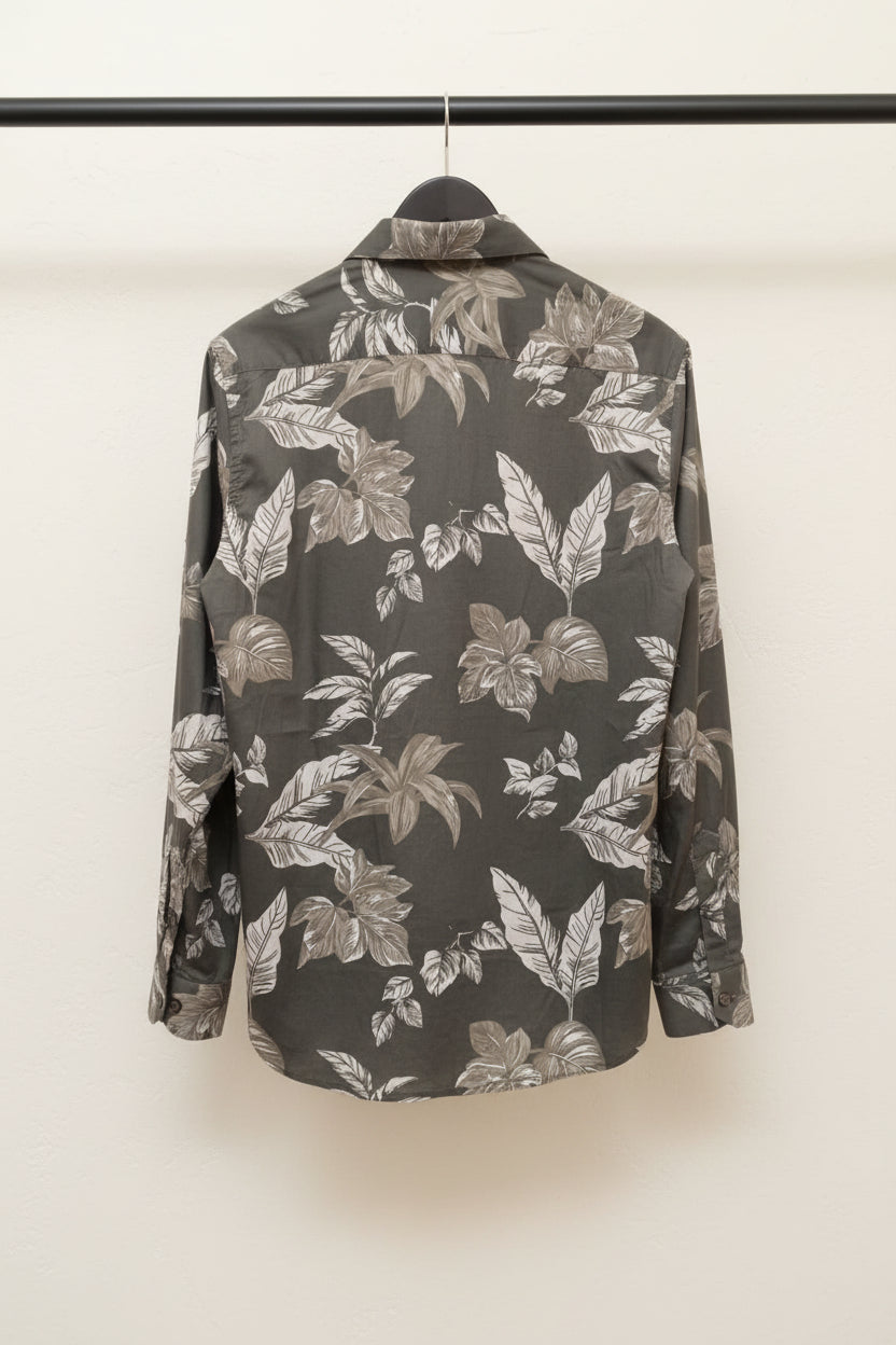 YELLOW CLOTHING Men's Grey Leaf Print Slim Fit Casual Shirt