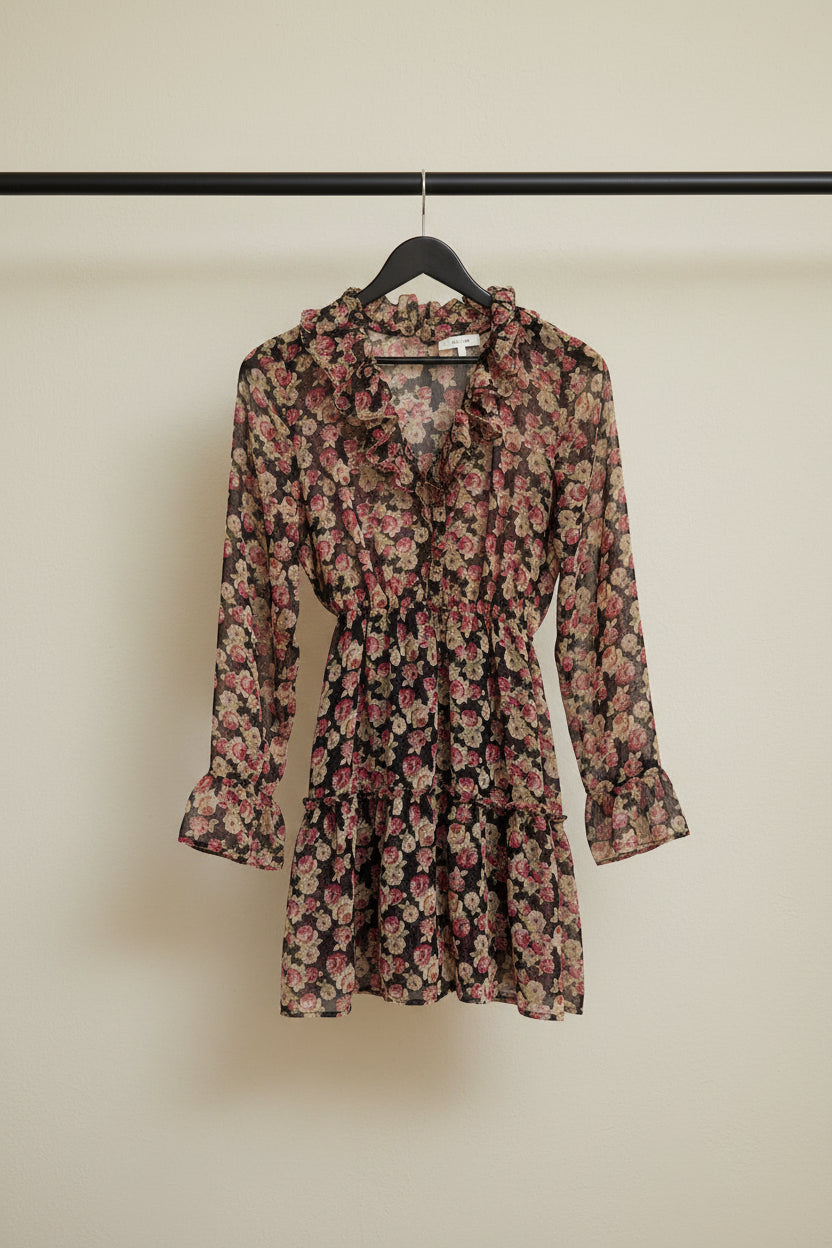 ZARA Black Floral Ruffle A-Line Mini Dress