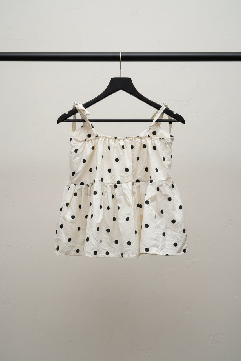 Women's Off-White Polka Dot Spaghetti Strap Pleated Top