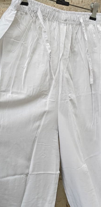 Women's White Elastic Waist Cotton Blend Palazzo Pants