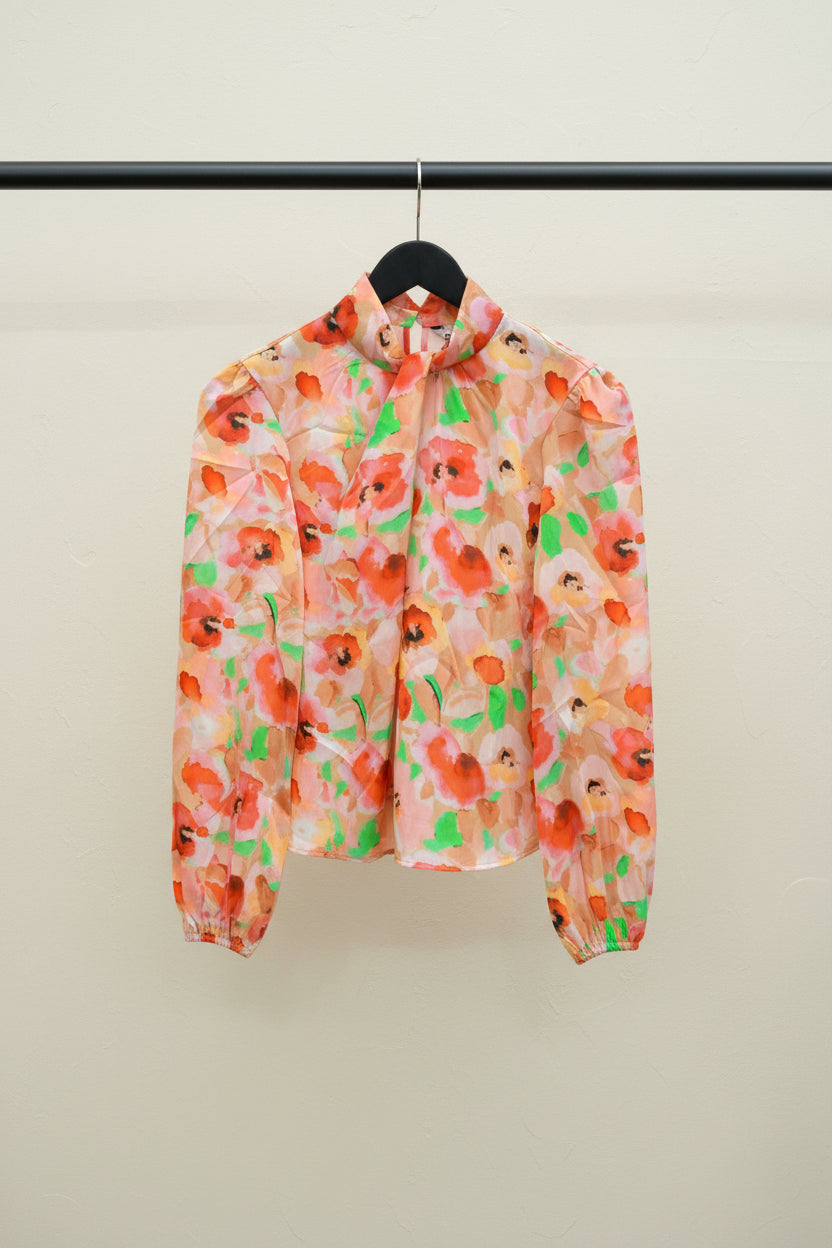 OUTRYT Women's Multicolor Floral Print High Neck Long Sleeve Blouse