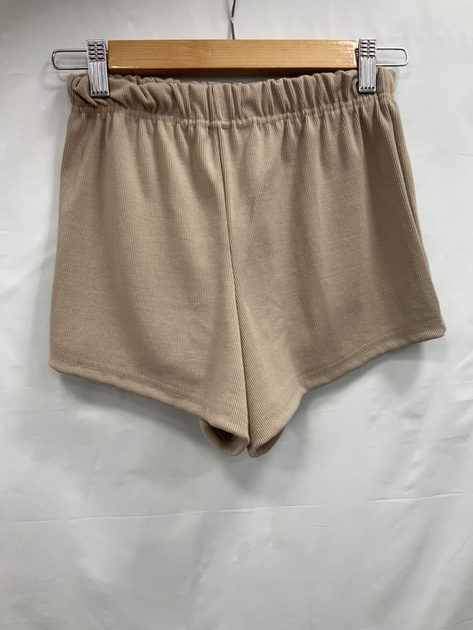 Attire Hub Women's Beige Ribbed Elastic Waist Shorts