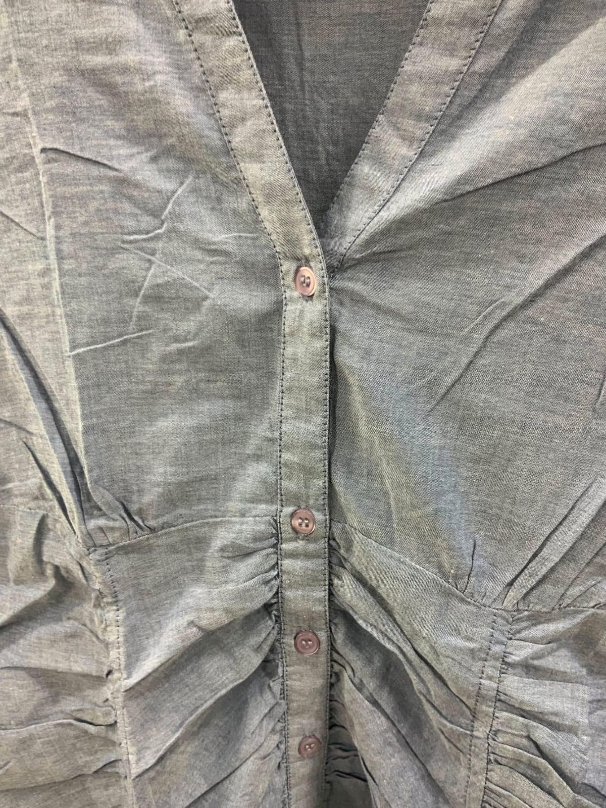 Women's Grey Ruched Long Sleeve Button-Up Top