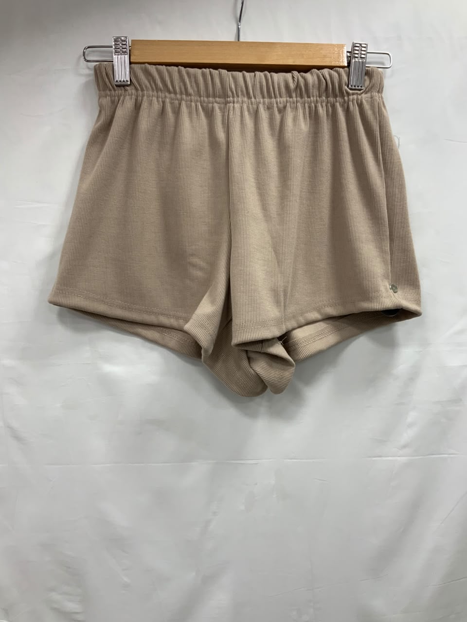 Attire Hub Women's Beige Ribbed Elastic Waist Shorts