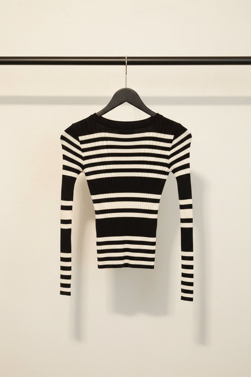ATMOSPHERE Women's Black and White Striped Ribbed Knit Long Sleeve Top