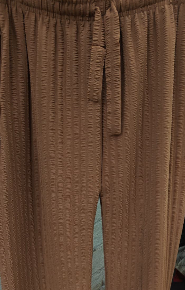 Brown Textured Wide Leg Pants with Drawstring Waist