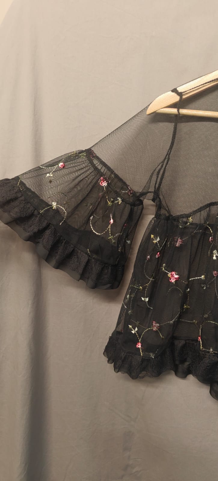 Women's Black Sheer Floral Embroidered Ruffle Crop Top