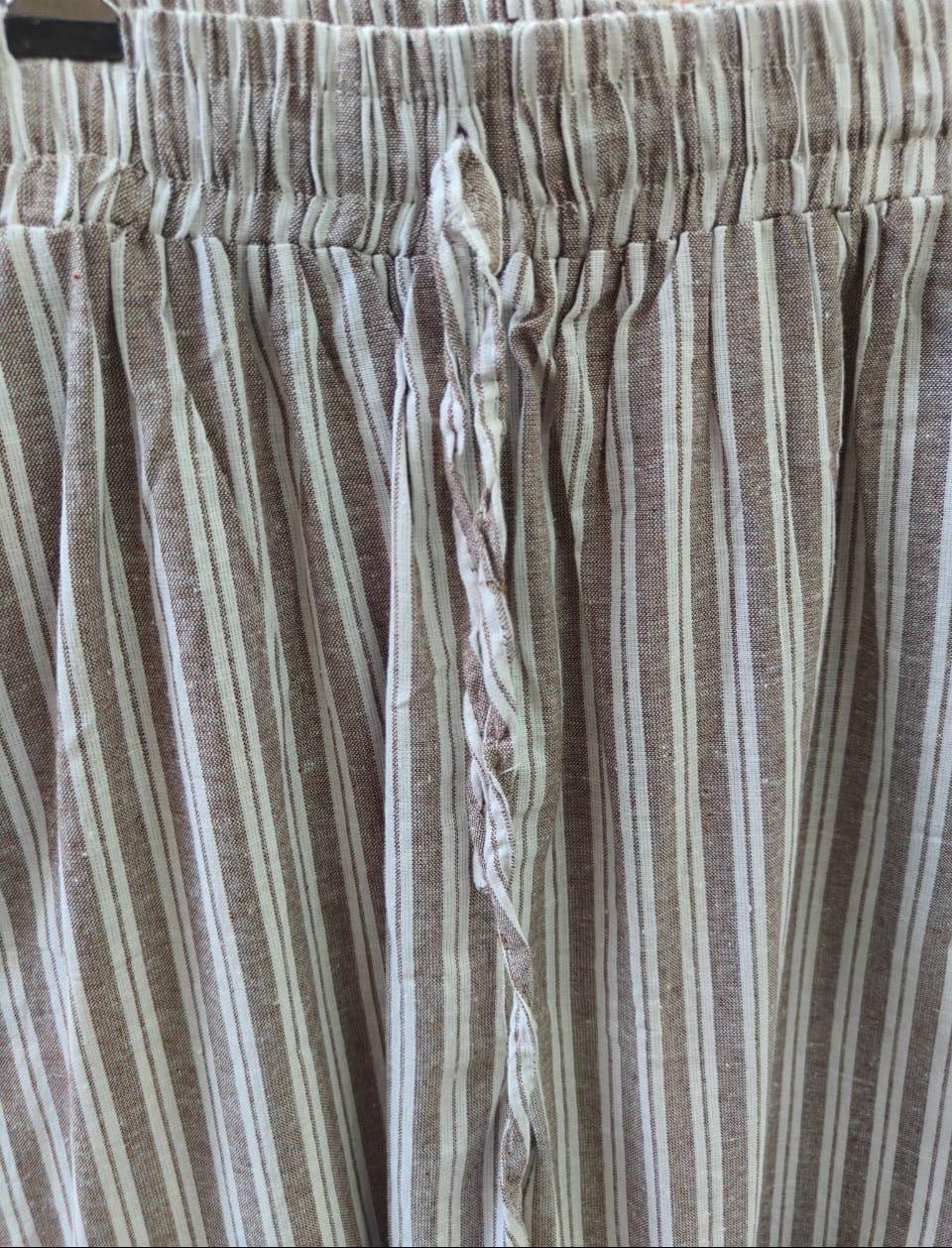 Women's Brown and White Striped Linen Blend Wide Leg Pants