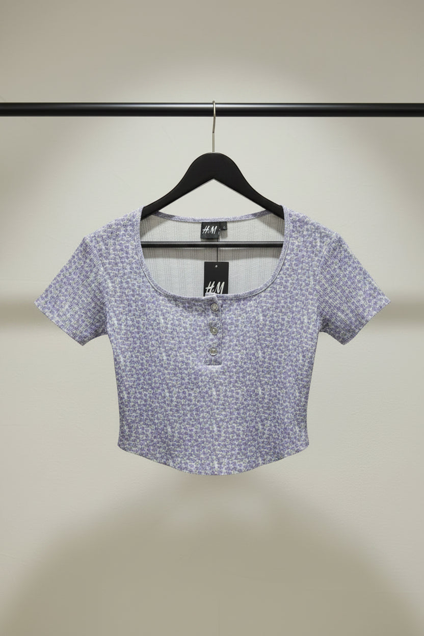 H&M Women's Purple Floral Ribbed Crop Top