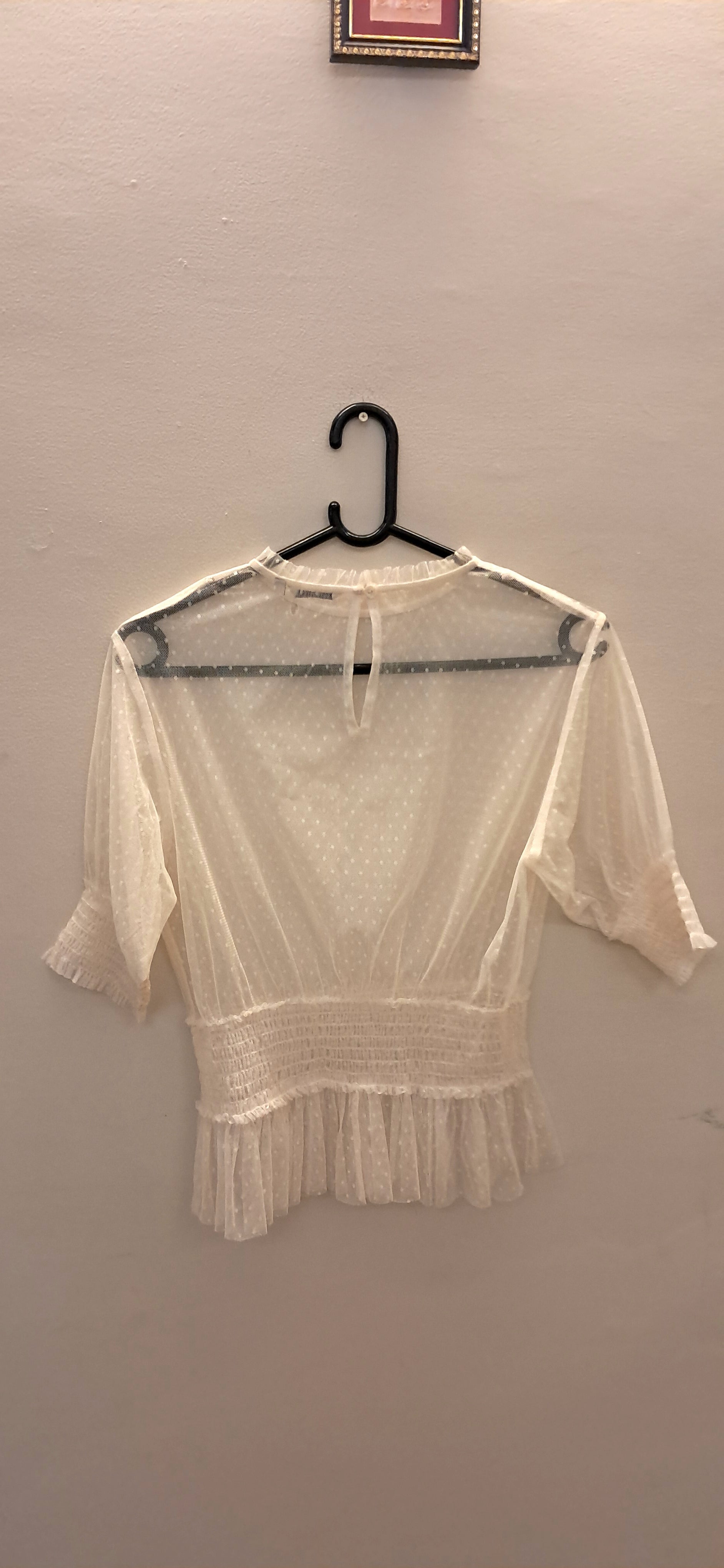 COVER STORY Women's Off-White Sheer Dotted Peplum Top