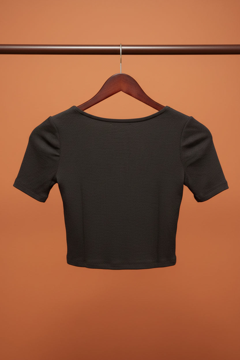ZARA Women's Black Ribbed Lace-Up V-Neck Crop Top