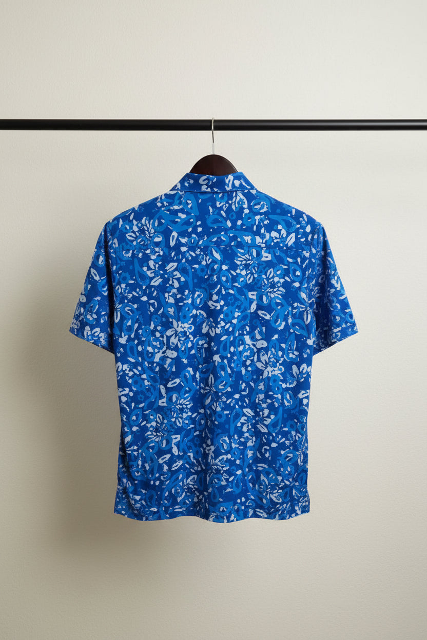 Bulan Bintang Men's Blue and White Patterned Relaxed Fit Short Sleeve Shirt