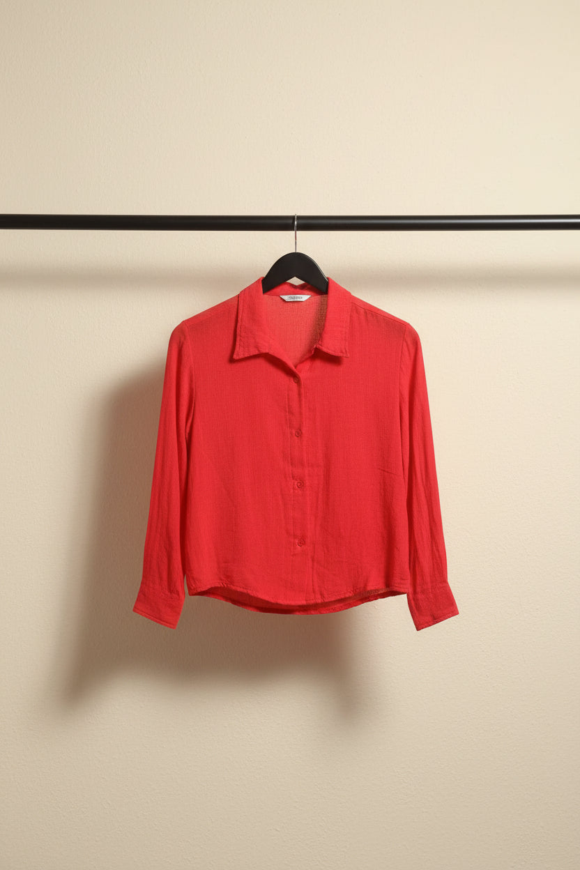 Red Long Sleeve Collared Button-Up Shirt