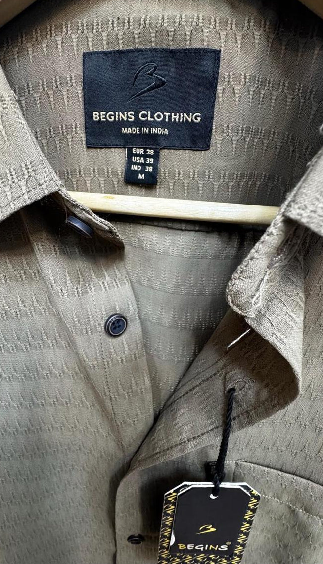 BEGINS CLOTHING Men's Olive Green Textured Long Sleeve Casual Shirt