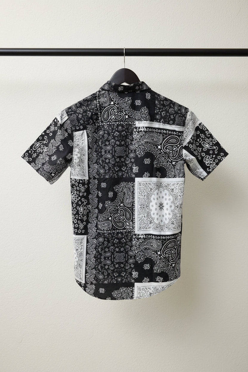 Dark Threads Men's Black & White Paisley Patchwork Short Sleeve Shirt