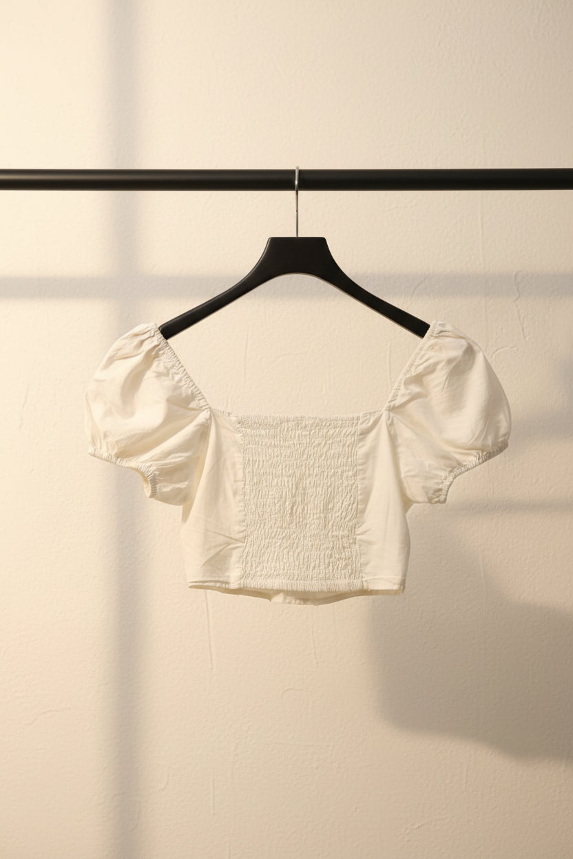 DIVIDED H&M Women's White Smocked Crop Top with Puff Sleeves
