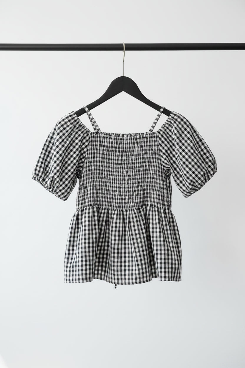 Women's Black & White Gingham Off-Shoulder Peplum Top