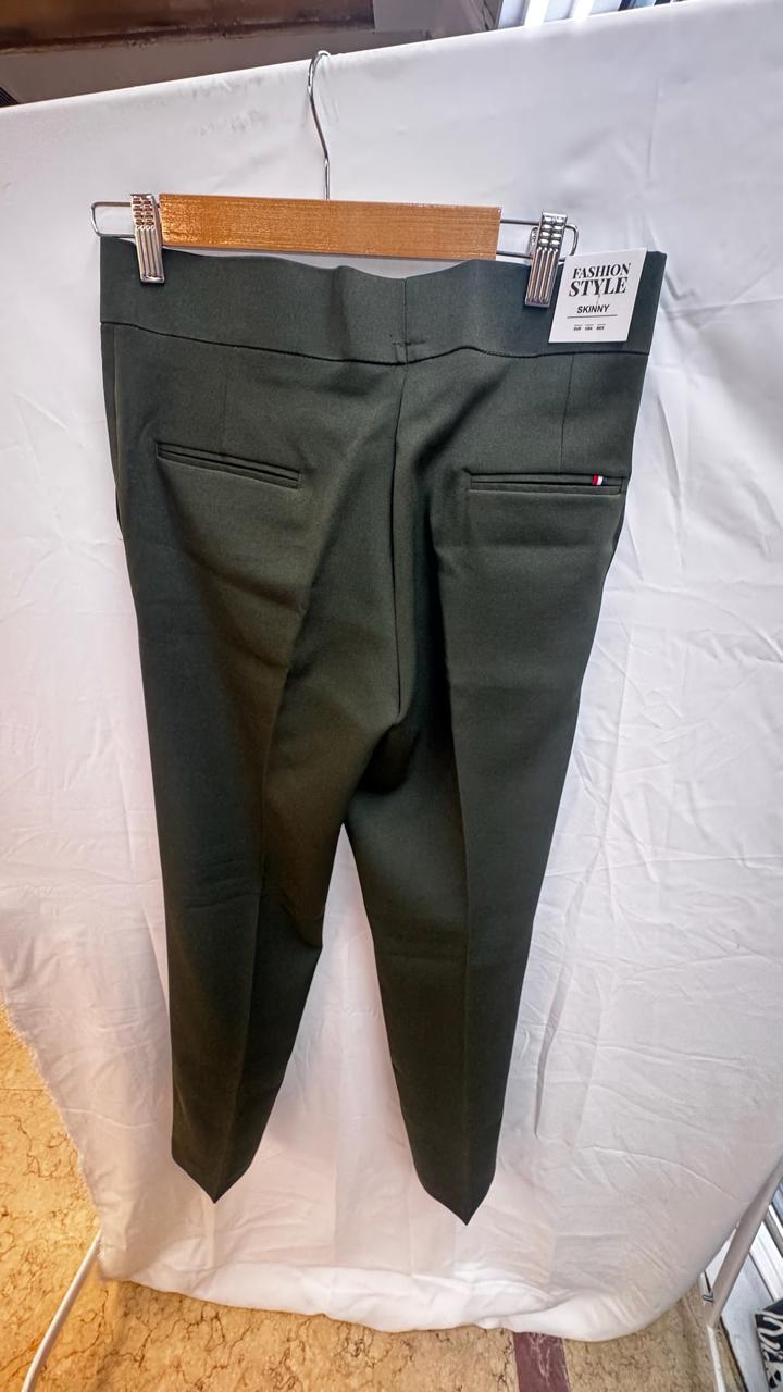 Men's Dark Green Skinny Fit Trousers with Belt Detail