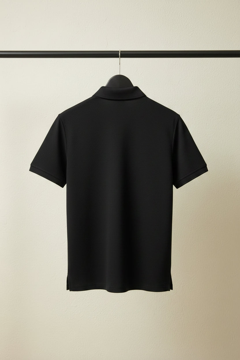 Burberry Men's Black Waffle Knit Polo Shirt with Nova Check Trim