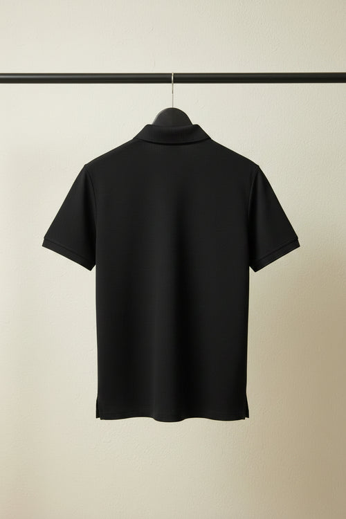 Burberry Men's Black Waffle Knit Polo Shirt with Nova Check Trim