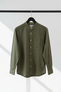 Men's Olive Green Band Collar Long Sleeve Shirt