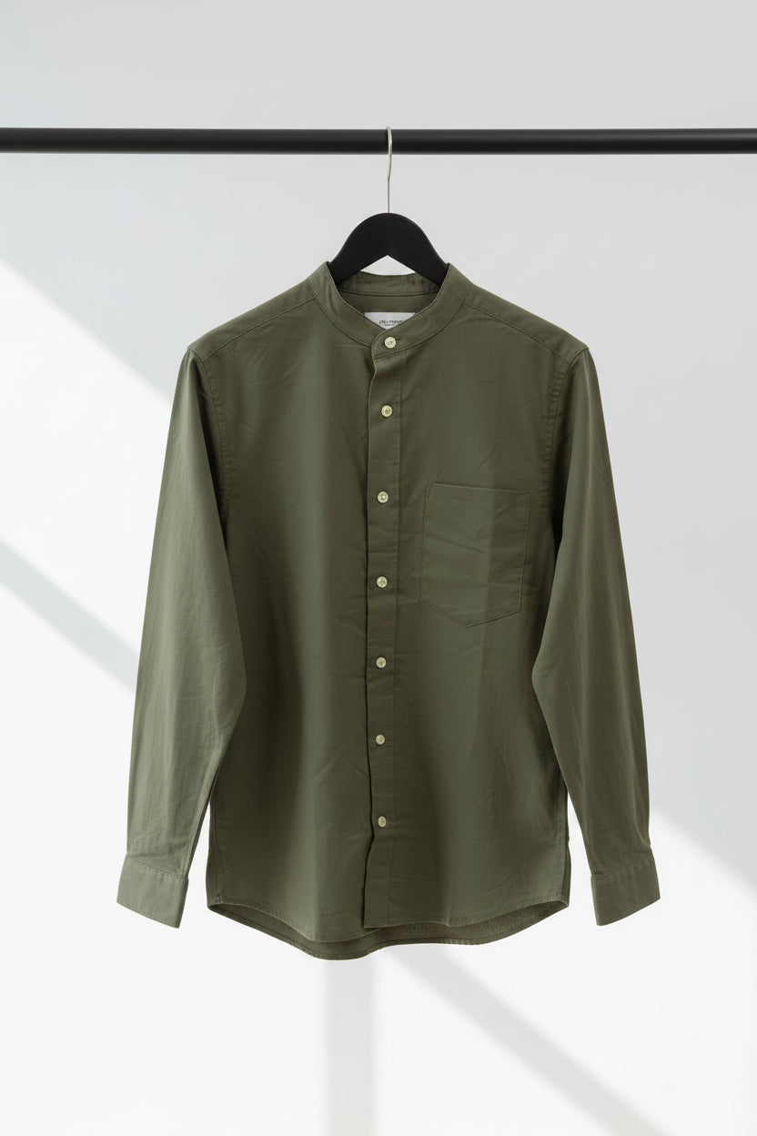 Men's Olive Green Band Collar Long Sleeve Shirt