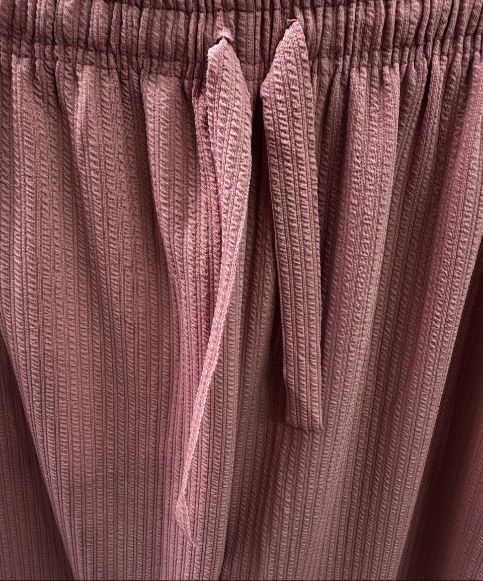 Women's Pink Ribbed Wide Leg Palazzo Trousers with Drawstring Waist