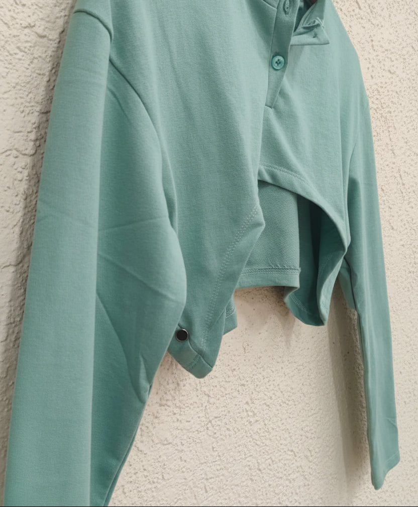 Attirehub Mint Green Long Sleeve Crop Top with Henley Neck