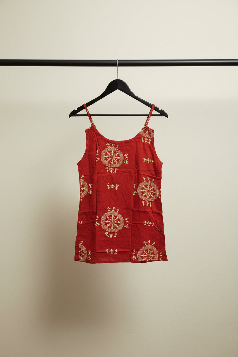 Women's Red Sleeveless Top with Ethnic Print