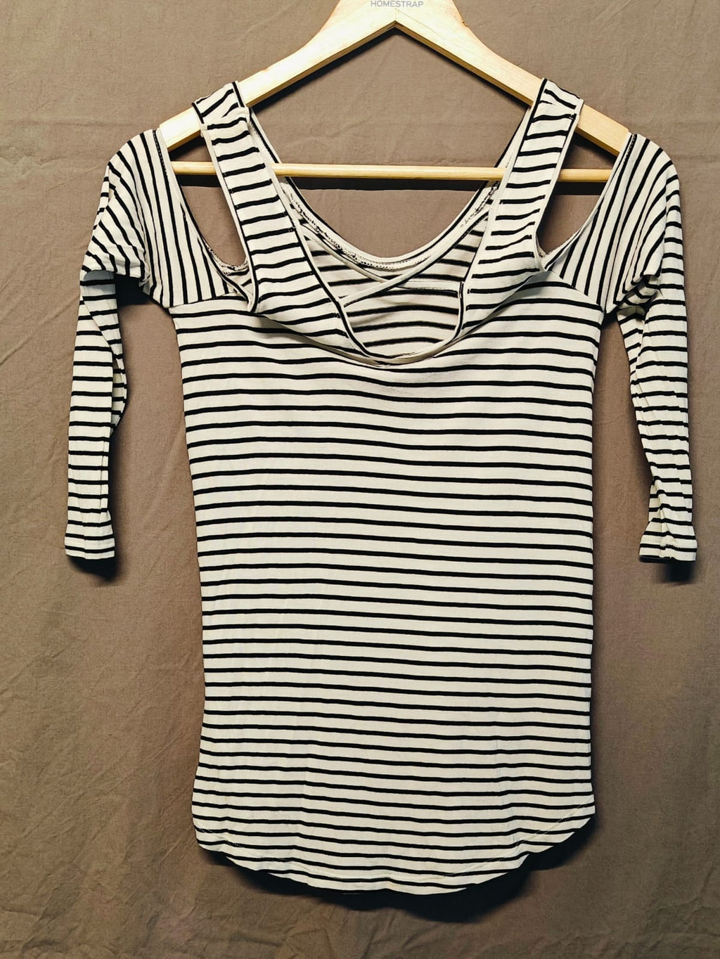 Nuon Women's Black and White Striped Cold Shoulder Top