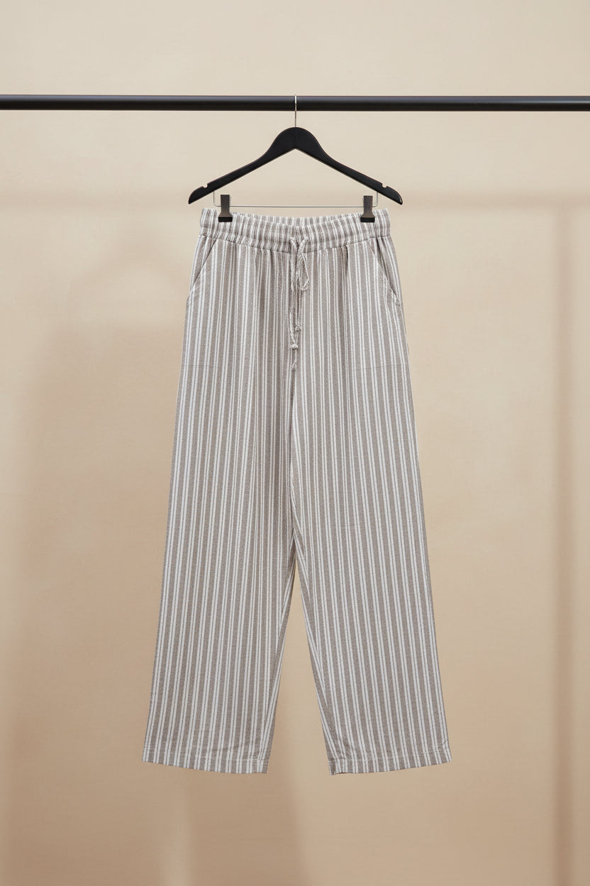Women's Brown and White Striped Linen Blend Wide Leg Pants