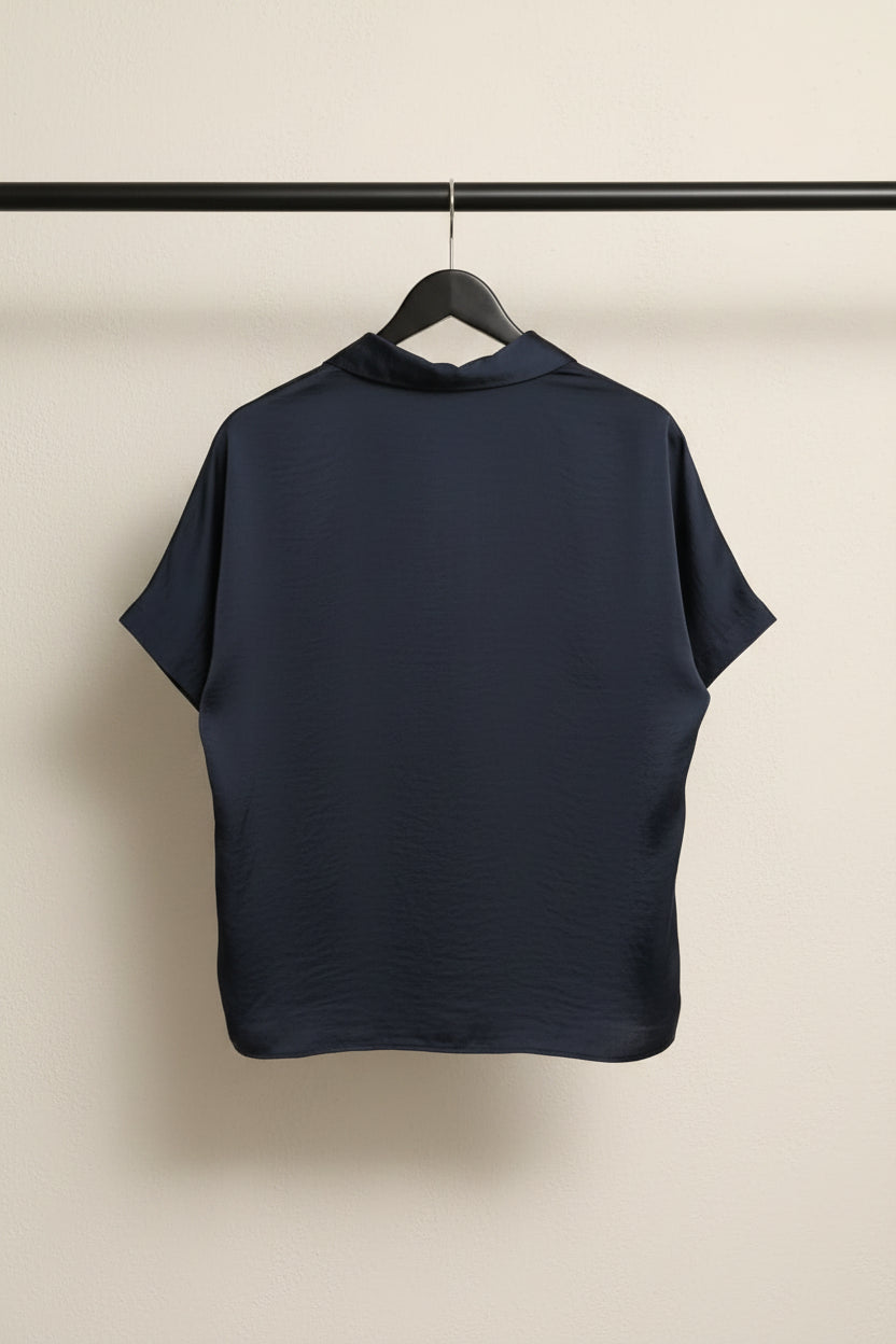 M&S Collection Women's Navy Blue Short Sleeve Collared Blouse