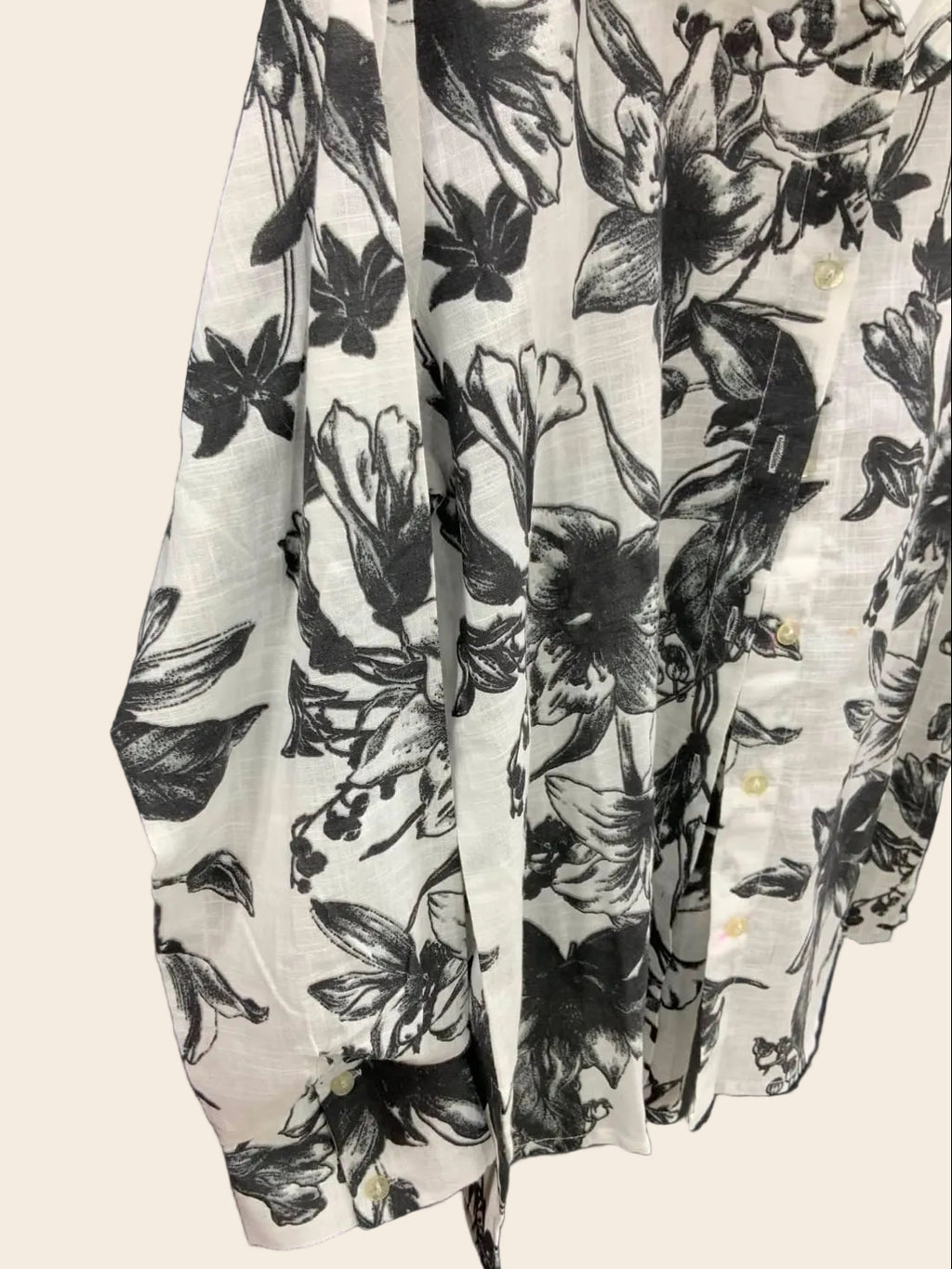 Men's White & Black Floral Print Long Sleeve Button-Down Shirt
