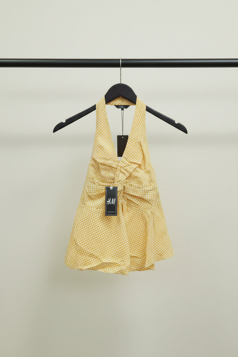 Yellow Gingham Halter Neck Peplum Top