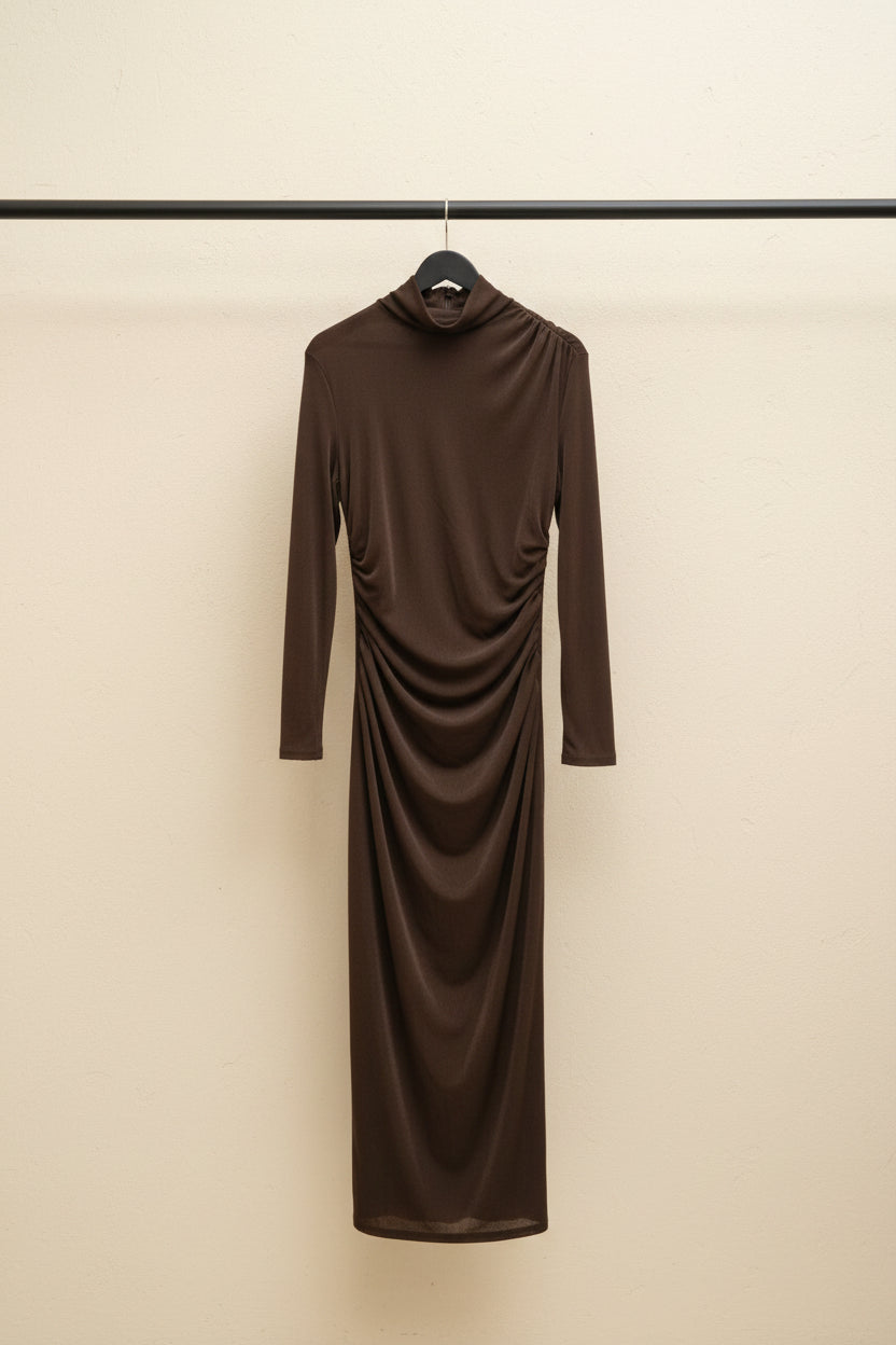 Women's Brown Ruched High Neck Long Sleeve Maxi Dress