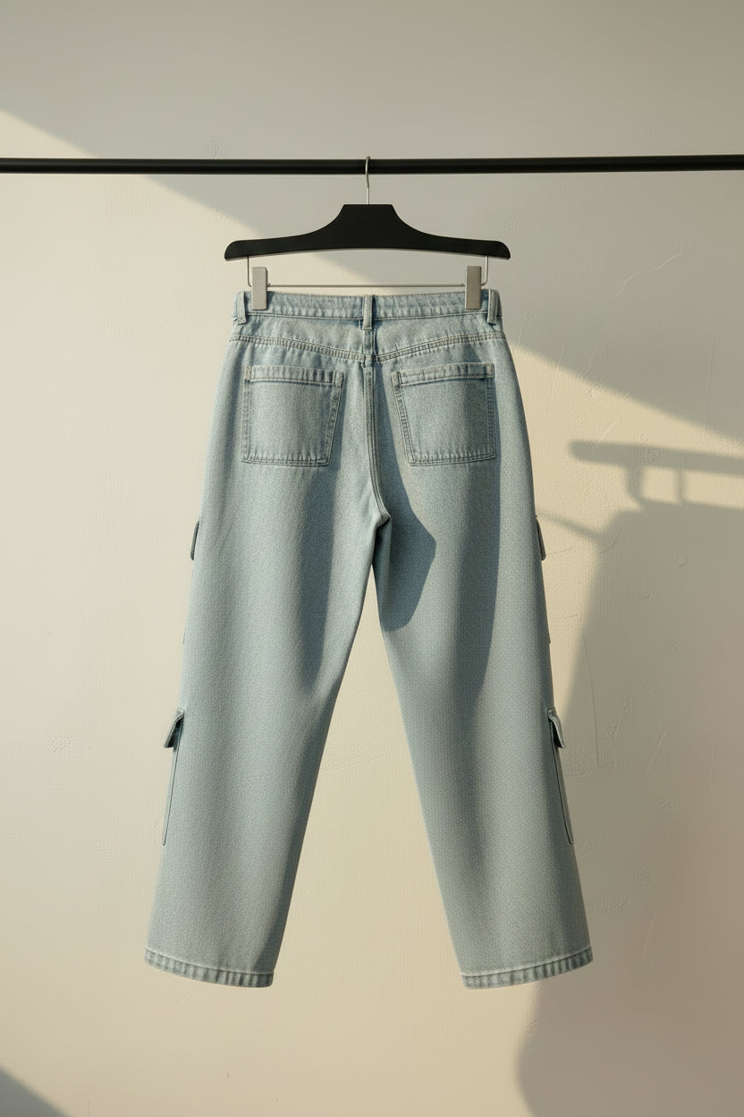 DIVIDED H&M Women's Light Blue Washed Denim Wide Leg Cargo Jeans