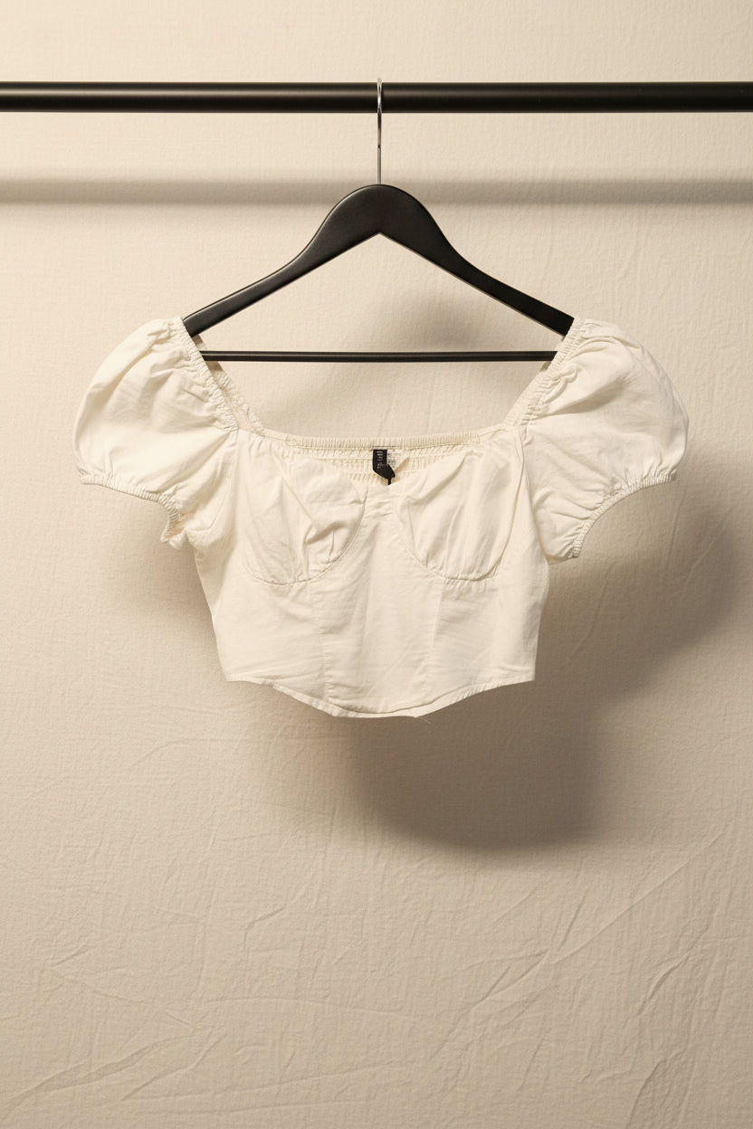 DIVIDED H&M Women's White Smocked Crop Top with Puff Sleeves