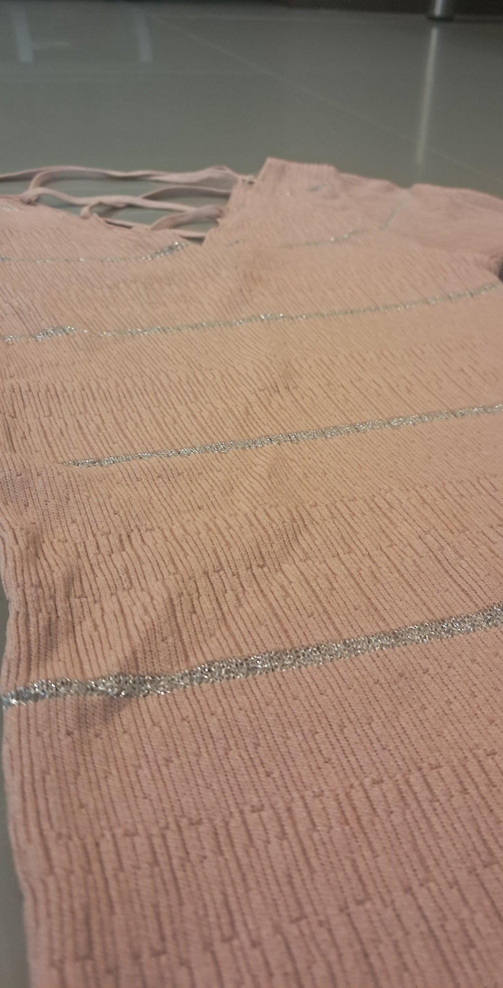 Women's Pink Crinkle Knit Short Sleeve Top with Lace-Up Back