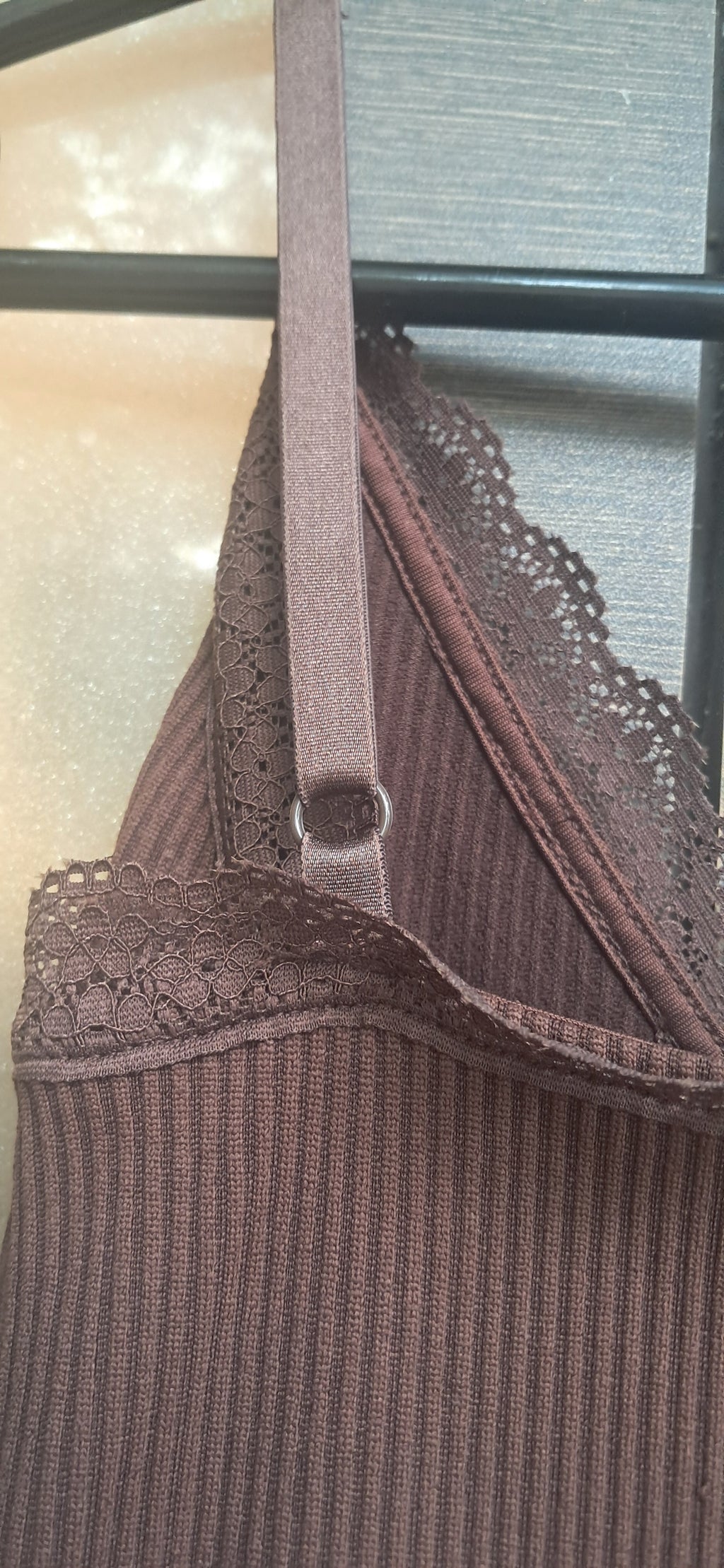 Brown Ribbed Lace Trim Camisole Slip Dress