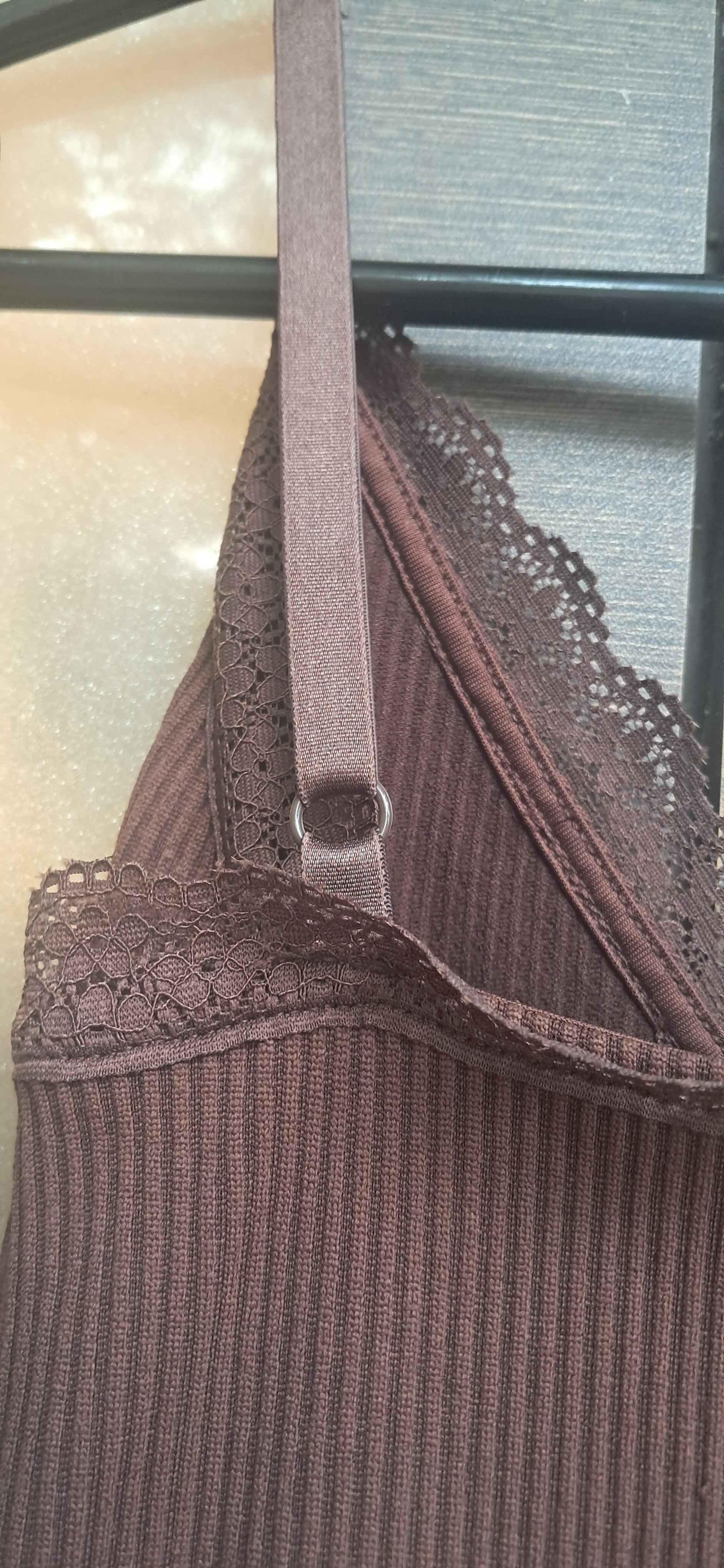 Brown Ribbed Lace Trim Camisole Slip Dress