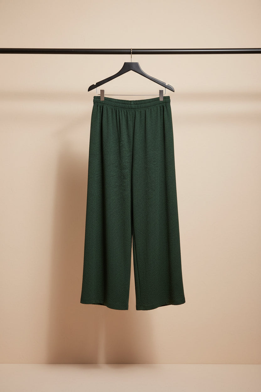 Women's Dark Green Textured Wide Leg Trousers with Drawstring Waist
